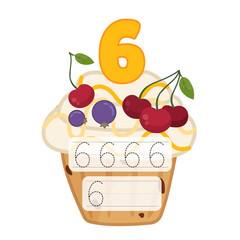 Counting educational children game. Material for teaching counting 1-10. Cartoon illustration of a delicious fruit cupcake.
