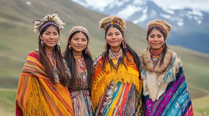 Fototapeta premium Four indigenous women in traditional andean attire with mountainous backdrop
