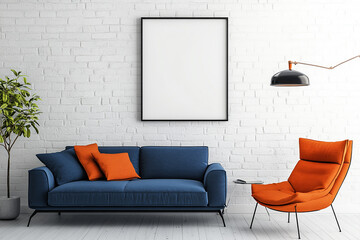 Blue sofa and orange lounge chair against white wall with art frame. Scandinavian interior design of modern living room 