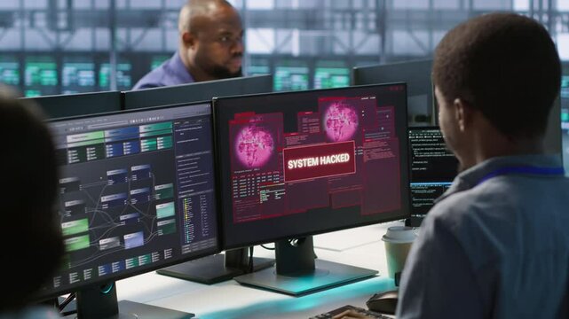 Cybersecurity team monitoring security incidents, alerted by security breach alert, working together to get rid of virus, protecting infrastructure from threats, camera A