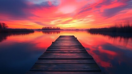Fototapeta premium A wooden dock extending into a calm lake at twilight, reflecting a vibrant sky filled with soft pink and orange hues, surrounded by silhouettes of distant trees, hd quality, peaceful and captivating.