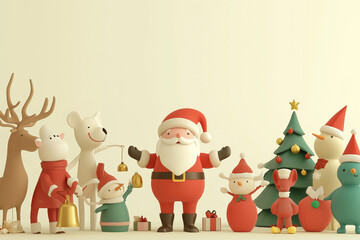 A whimsical Christmas scene featuring Santa Claus surrounded by adorable cartoon-like animals and characters, including reindeer, polar bears, snowmen, and a decorated Christmas tree. The minimalist a