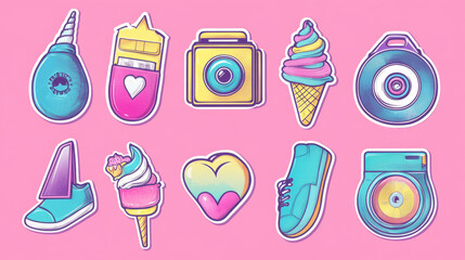 Cute retro patches and stickers!  Features lips, sneakers, a girl, a unicorn, ice cream, a tape recorder, and roller skates.  Think 80s and 90s style.
