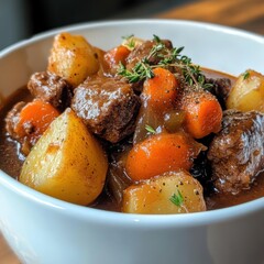 A rich and comforting beef stew with potatoes and carrots, served in a white ceramic bowl, Stew centered with a sprinkle of fresh thyme