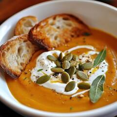 A rich and comforting butternut squash soup with a smooth texture and a sprinkle of nutmeg, served in a white bowl, Soup centered