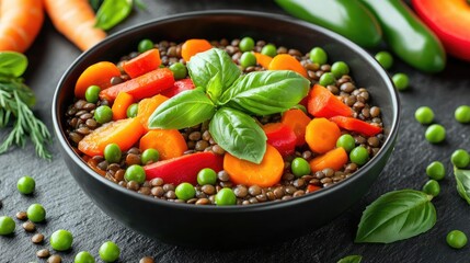 Healthy lentil salad with carrots, peppers, green peas, and basil on a black background.