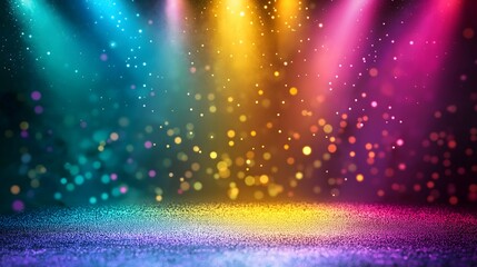 Colorful spotlight on stage with glitter sparkles rays lights bokeh Festive Elegant abstract background.Dust sparks background. illustration