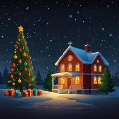 Naklejka premium Christmas tree with gifts and snow