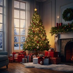 Christmas tree with gifts and snow