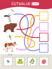 Maze game for children. Who eats what? Cut out the cards and glue them in the correct place.
