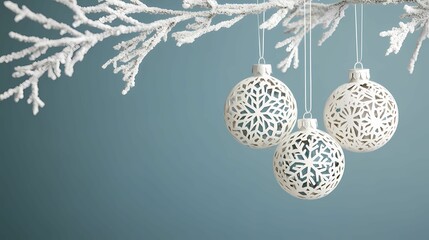 Three intricately designed white ornaments hang from a snowy branch, set against a soft blue background, evoking a serene winter ambiance.