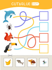 Maze game for children. Who eats what? Cut out the cards and glue them in the correct place.
