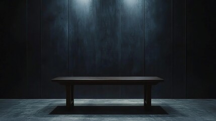Dark Minimalist Room with a Single Wooden Table and Ambient Lighting