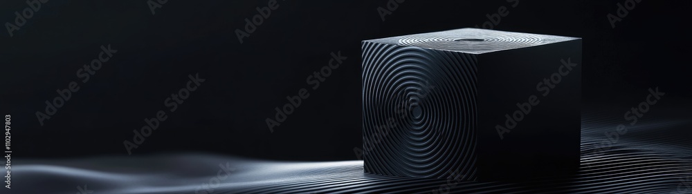 Poster dark cube with circular grooves on textured surface