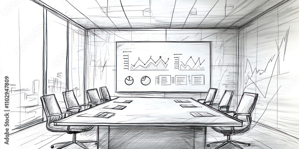 Poster a sketch of a modern conference room with a presentation screen displaying graphs.
