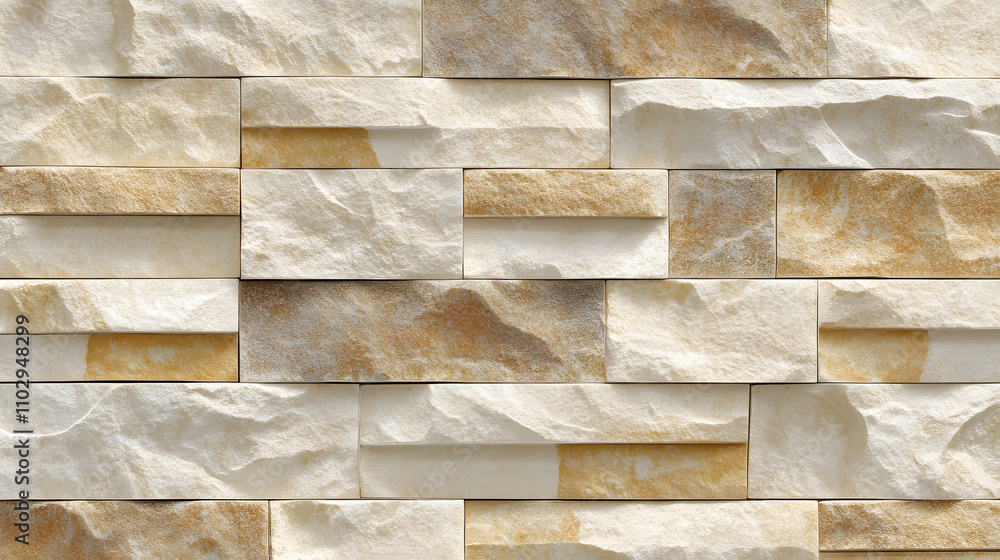 Poster close-up of a beige and white stone wall cladding. the textured stones are arranged in a staggered p