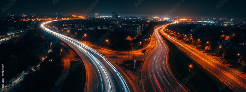 Poster a captivating nighttime view of a winding road illuminated by vehicle lights, creating a beautiful c