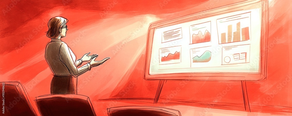 Poster a presenter discusses data on a screen in a red-lit room.