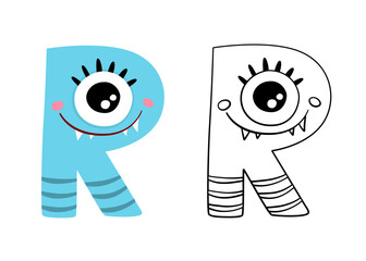Vector cartoon illustration of monsters letter english alphabet. Color and outline drawing. Coloring book for primary children.
