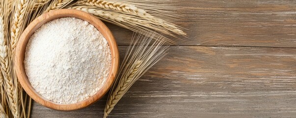 Bowl of flour surrounded by wheat on a wooden surface.