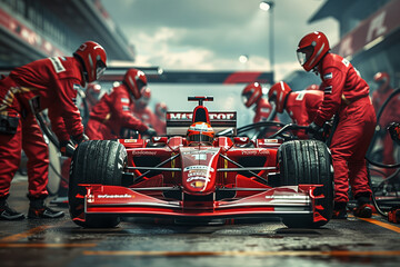 Formula one race car pit stop with crew in red jumpsuits. Competition and teamwork concept