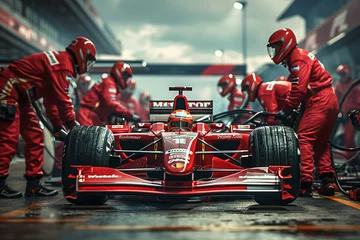  Formula one race car pit stop with crew in red jumpsuits. Competition and teamwork concept © erika8213