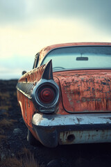 A photograph of an old rusty car captured in the style of worn-out vintage