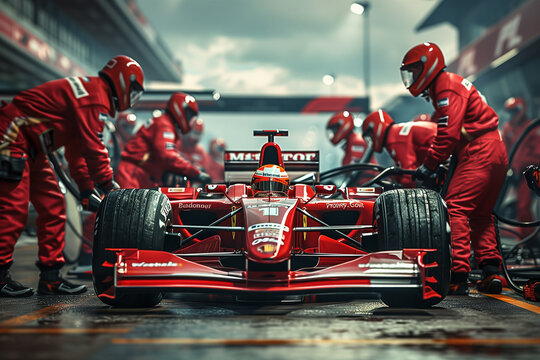 Formula one race car pit stop with crew in red jumpsuits. Competition and teamwork concept