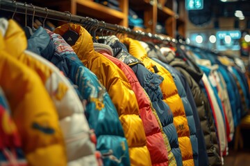 Obraz premium close up shot of clothes hanging in a clothing store, street wear styles of clothes, realistic, bright