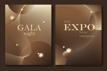 Set of chic elegant cards in brown, beige, yellow shades. Golden, copper lines, waves. Geometric pattern. Cover, packaging, business template. Frame for branding, logo, invitation. Gradient mesh.