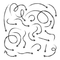 Chalk scribble arrows set. Collection of handdrawn crayon line elements on a white backgraund.