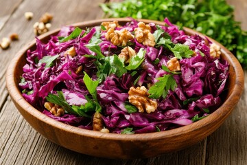 Vibrant red cabbage recipe with nuts and fresh herbs displayed on a rustic table for the holiday celebration