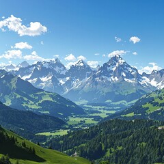 Obraz premium Majestic mountain peaks in the background with a lush green valley, scenic view., open spaces, mountains
