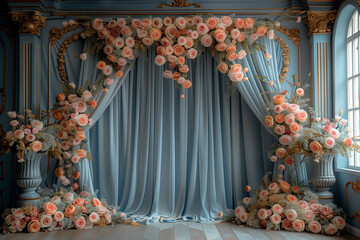 Maternity backdrop, wedding backdrop, photography background with delicate flowers arch and vintage wall.