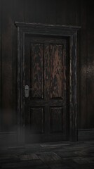 Obraz premium Moody atmosphere with a wooden door in the foreground on a dark wood background , dark wood, interior, wooden door