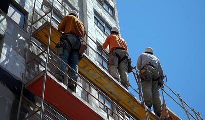 Fototapeta premium AI generated images of painter working on scaffolding to paint a modern building