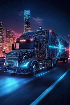 Futuristic autonomous truck on city highway at night with neon lights