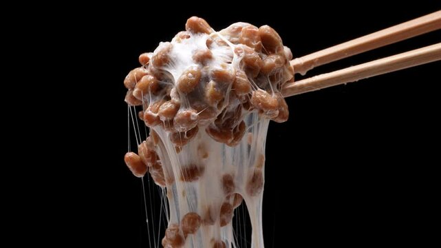 糸を引く納豆の黒背景4Kスローモーション動画