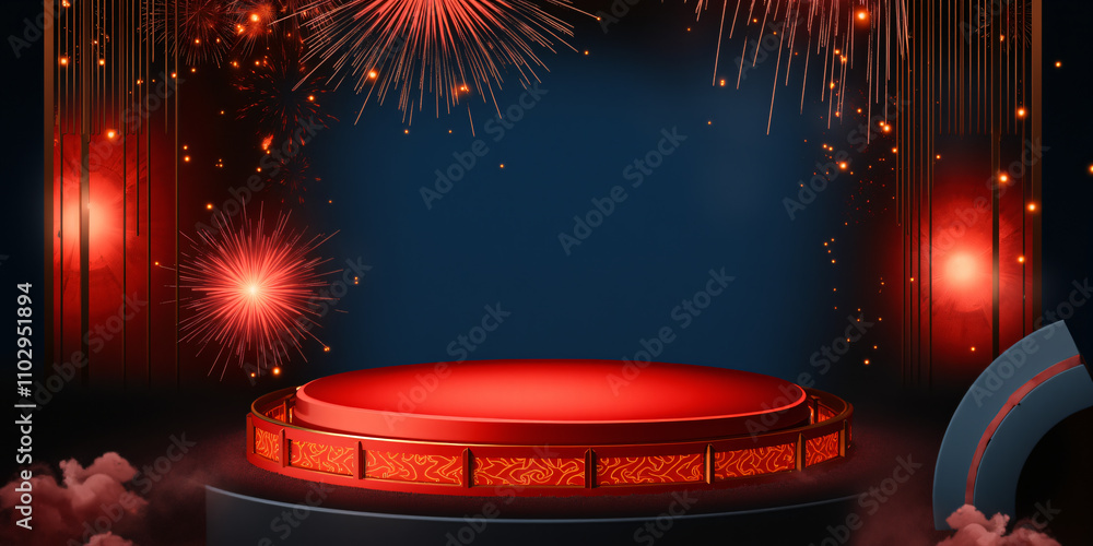 Poster a visually striking stage setup featuring a red circular platform surrounded by fireworks against a 
