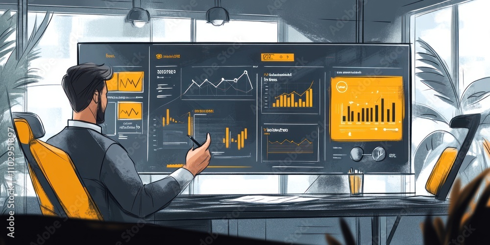 Aufkleber a professional analyzing data on a large screen in a modern office setting.