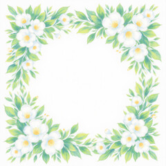 Fototapeta premium A delicate floral border illustration featuring white flowers and green leaves, suitable for various design applications, creating a fresh and inviting frame for graphic resources.