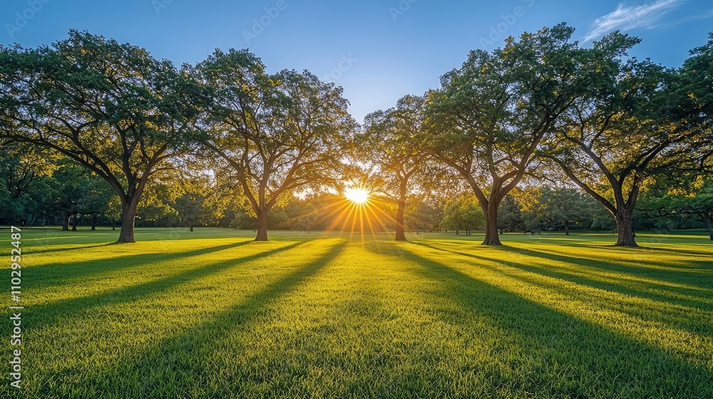 Poster sunlight filtering through trees in a lush green meadow.