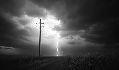 Obraz premium AI generator image of high voltage pole,lightning near the high power pole in the field during the storm.