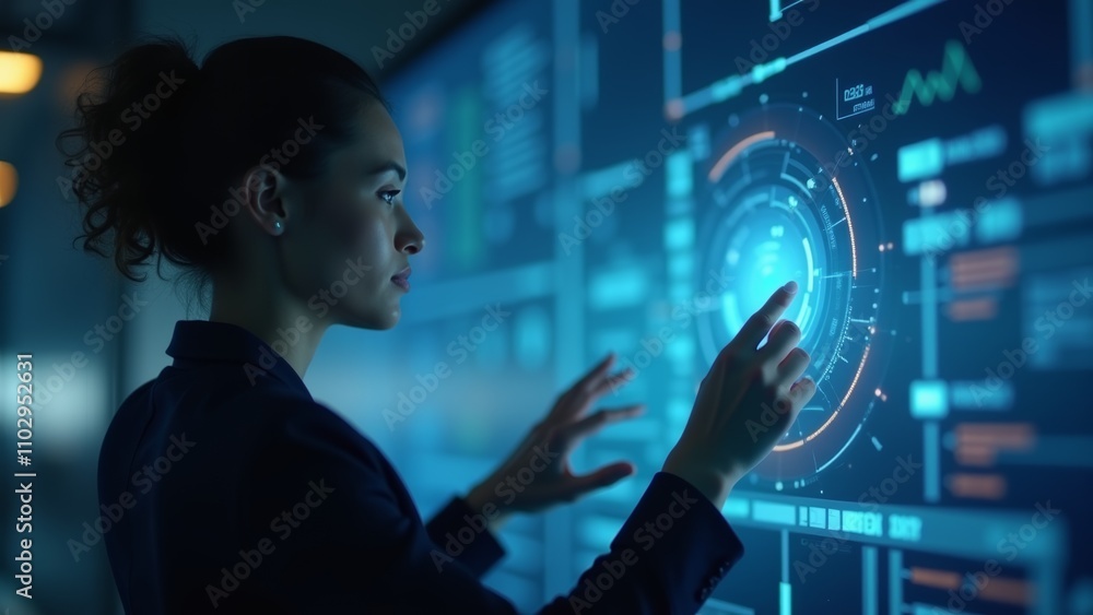 Poster a business professional interacts with advanced technology in a modern office setting during a colla
