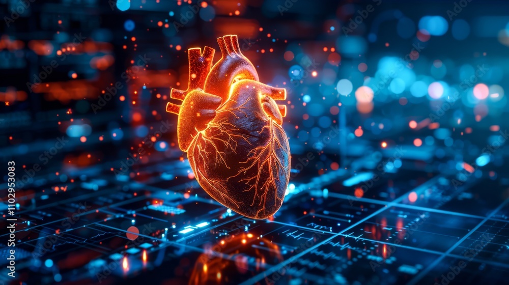 Poster 3d-rendered model of a heart with detailed health data floating around it, displayed in a high-tech 