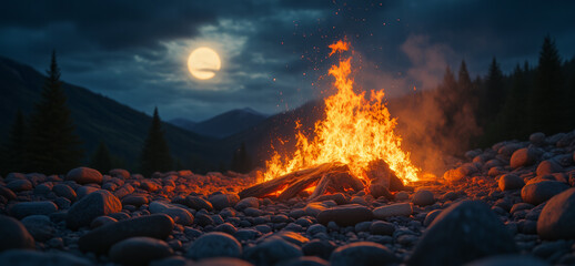 A glowing campfire crackles under a full moon in a forested setting, with surrounding rocks enhancing the warmth of the scene for outdoor gatherings and adventures.