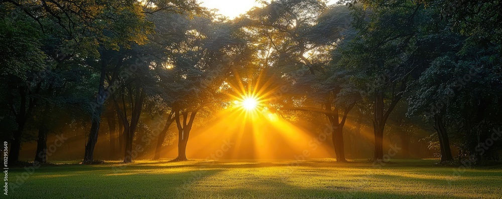 Poster Sunlight rays filtering through trees in a serene forest setting.