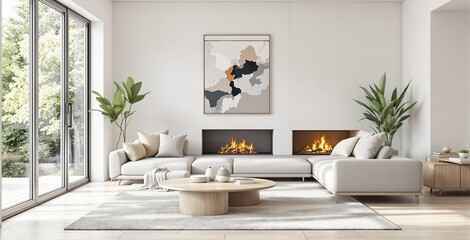 Modern Minimalist Living Room with Cozy Fireplace and Contemporary Art
