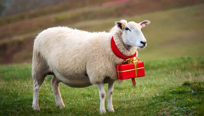 Obraz premium A Sheep in a Meadow with a Festive Christmas Gift