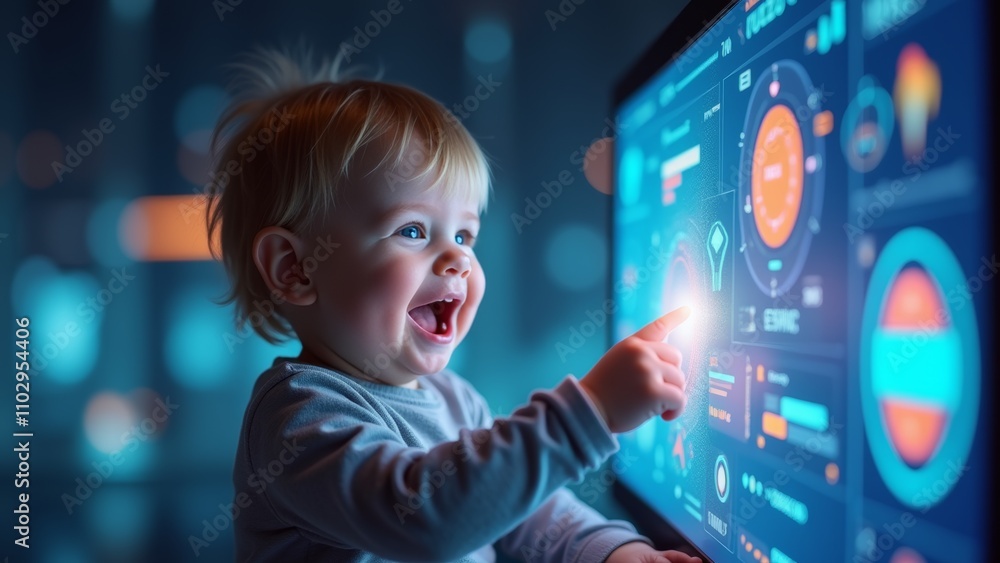Poster baby explores interactive technology while smiling in a modern, illuminated environment
